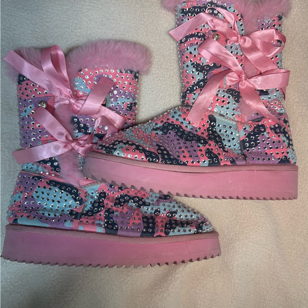 Fuzzy Pink Camo Boots - Women